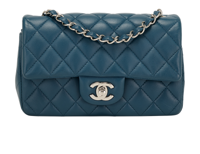 Mini Rectangular Classic Flap, &pound;3,300, Handbags, Blue, Lambskin Leather, Front view